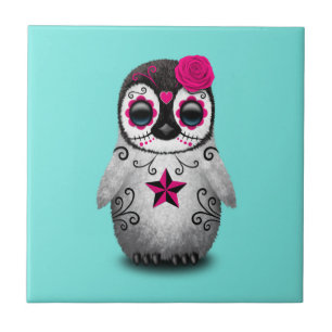 Pink Day of the Dead Baby Penguin Ceramic Tile