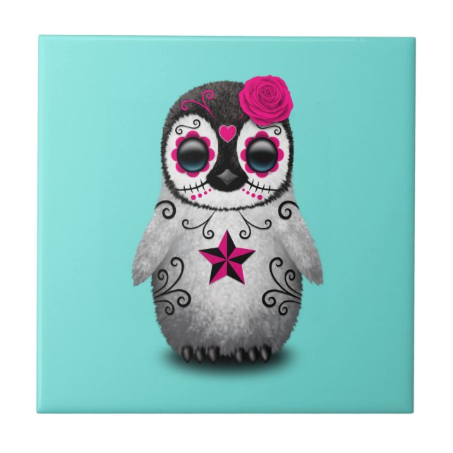 Pink Day of the Dead Baby Penguin Ceramic Tile (Front)