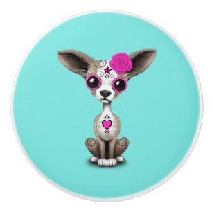 Pink Day of the Dead Chihuahua Ceramic Knob