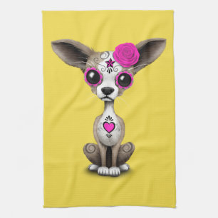 Pink Day of the Dead Chihuahua Tea Towel