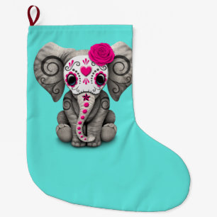 Pink Day of the Dead Elephant Large Christmas Stocking
