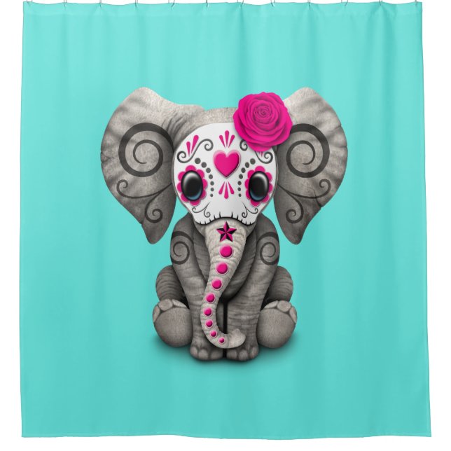 Pink Day of the Dead Elephant Shower Curtain (Front)