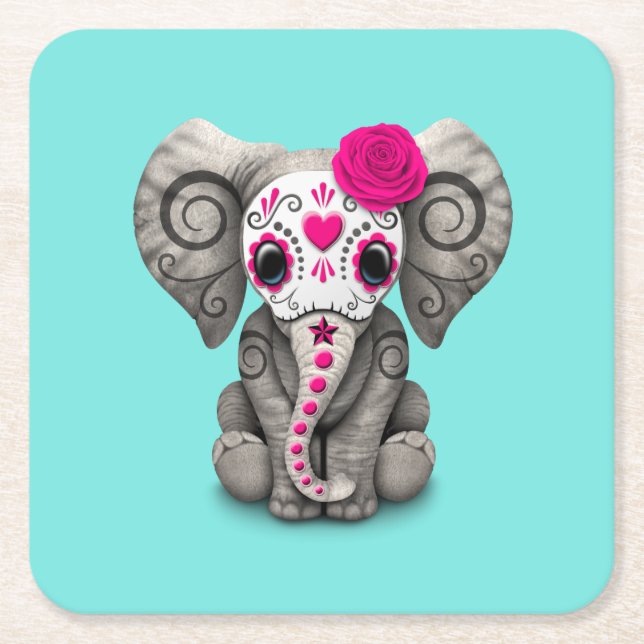 Pink Day of the Dead Elephant Square Paper Coaster (Front)