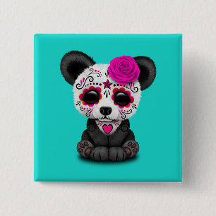 Pink Day of the Dead Panda Cub 15 Cm Square Badge