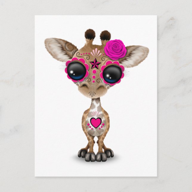 Pink Day of the Dead Sugar Skull Baby Giraffe Postcard (Front)
