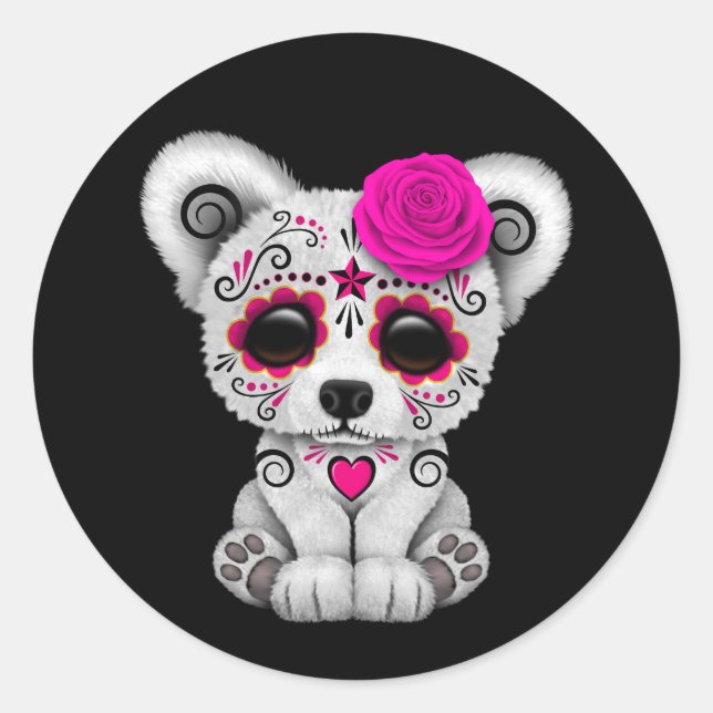 Pink Day of the Dead Sugar Skull Bear Black Classic Round Sticker (Front)