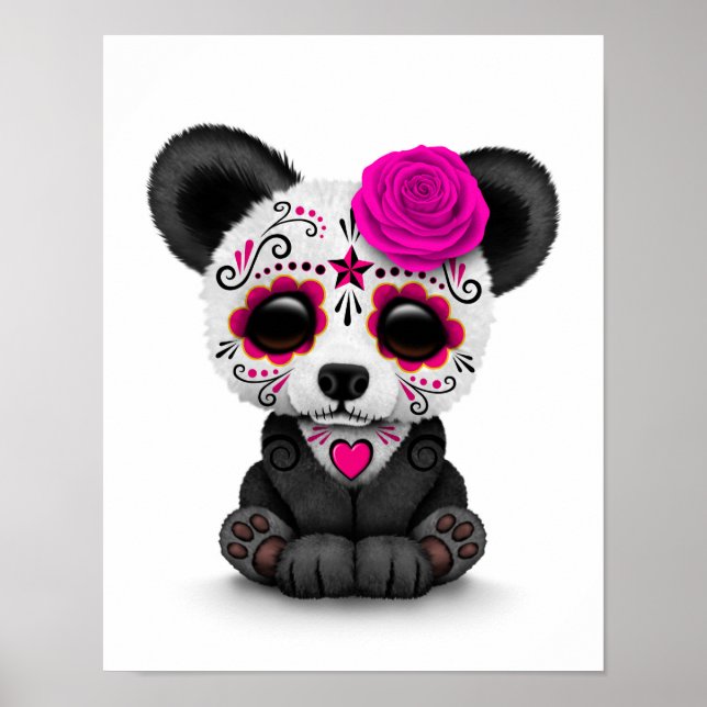Pink Day of the Dead Sugar Skull Panda on White Poster (Front)