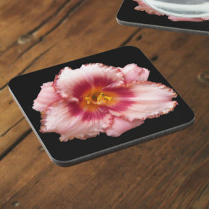 Pink Daylily Bloom on Black Floral Coaster