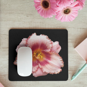 Pink Daylily Bloom on Black Floral Mouse Pad