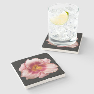 Pink Daylily Bloom on Black Floral Stone Coaster