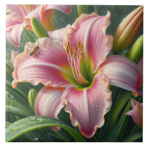Pink Daylily Floral Ceramic Tile