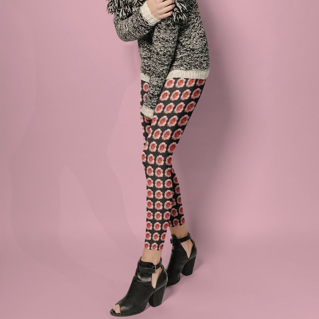 Pink Daylily Floral Pattern on Black Leggings (In Situ)