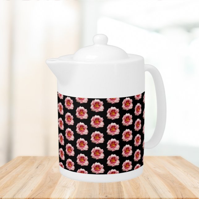 Pink Daylily Floral Pattern on Black Teapot