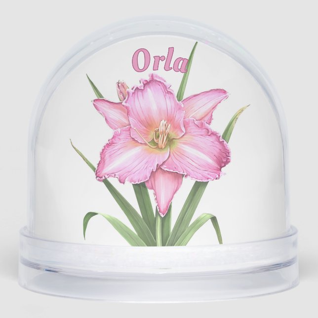 Pink Daylily Flower Botanical Art Personalised Snowglobe (Front)