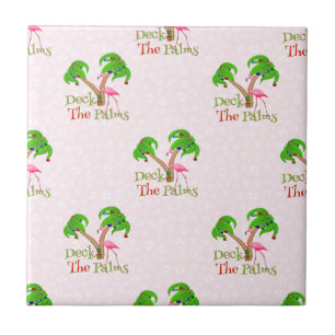 Pink Deck The Palms Tropical Christmas Santa Flami Ceramic Tile