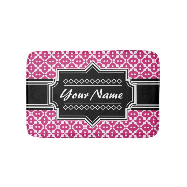 Pink Deco Pattern Black Personalised Name Bath Mat (Front)