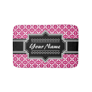 Pink Deco Pattern Black Personalized Name Bath Mat