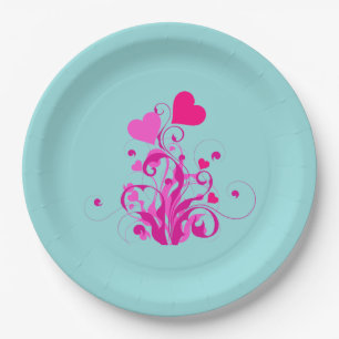 Pink Decorative Hearts with Swirls and Curls Paper Plate
