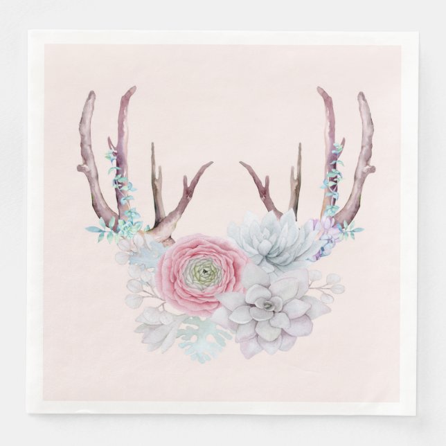 Pink Deer Antlers Flowers Succulent Garden Napkin (Front)