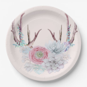 Pink Deer Antlers Flowers Succulent Garden Paper Plate