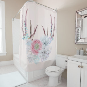 Pink Deer Antlers Flowers Succulent Garden Shower Curtain