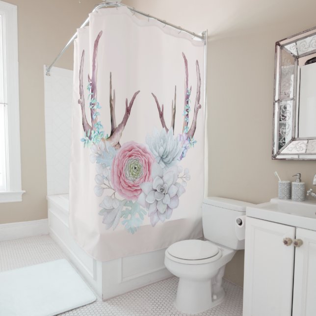 Pink Deer Antlers Flowers Succulent Garden Shower Curtain (In Situ)
