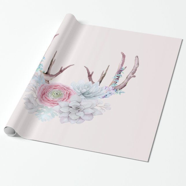 Pink Deer Antlers Flowers Succulent Garden Wrapping Paper (Unrolled)