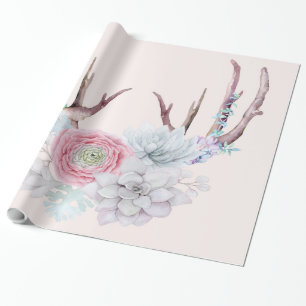 Pink Deer Antlers Flowers Succulent Garden Wrapping Paper