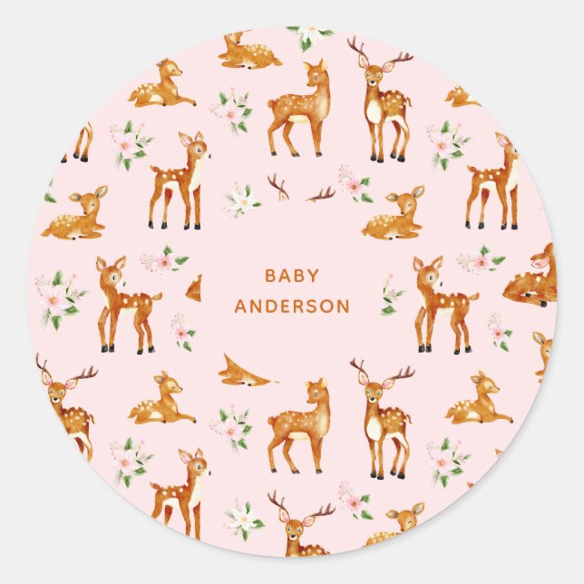 Pink Deer Baby Shower Classic Round Sticker (Front)