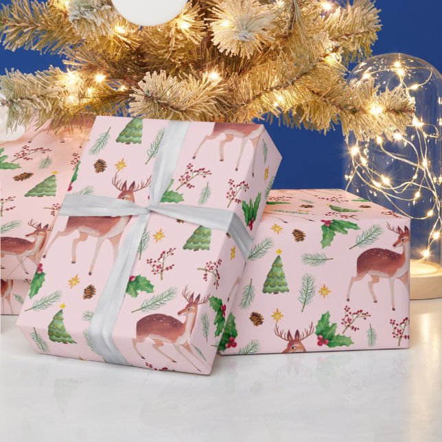 Pink Deer Blissful Christmas  Wrapping Paper (Holidays)
