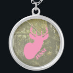 Pink Deer Head & Camouflage Necklace<br><div class="desc">A necklace featuring an illustration of a pink deer head over a background of camouflage.  Personalise with your name.</div>