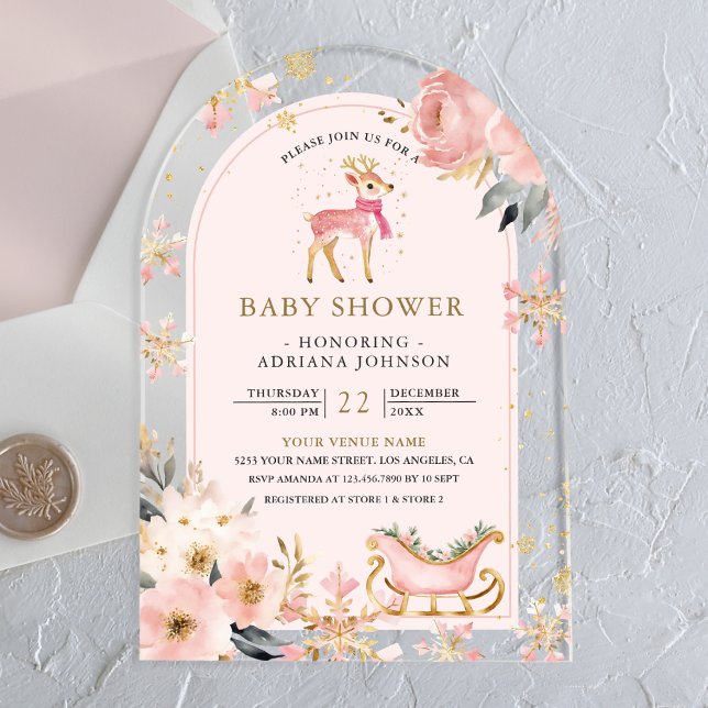 Pink Deer Winter Wonderland Arch Baby Shower Acrylic Invitations (Creator Uploaded)