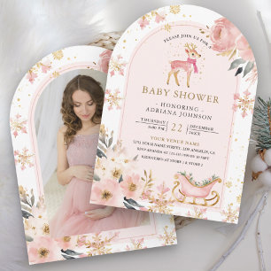 Pink Deer Winter Wonderland Photo Baby Shower Invitation