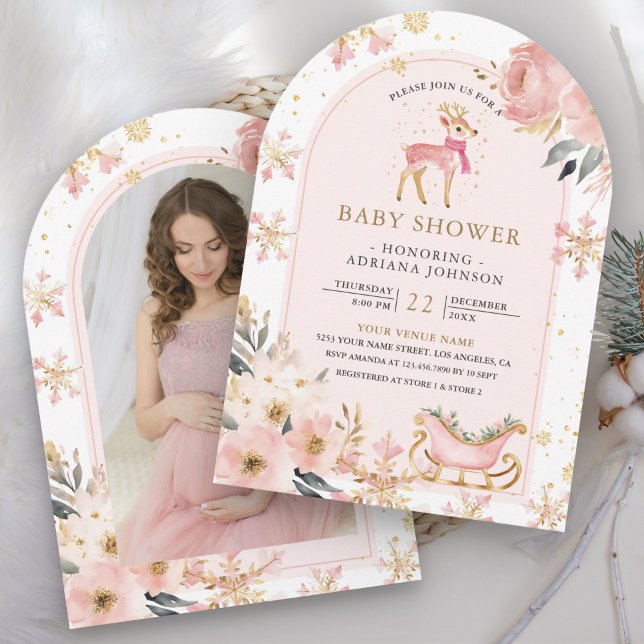 Pink Deer Winter Wonderland Photo Baby Shower Invitation (Creator Uploaded)