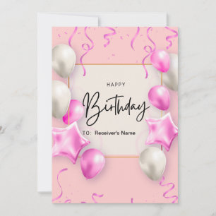 Pink Delicate Baloons Stars Birthday Card