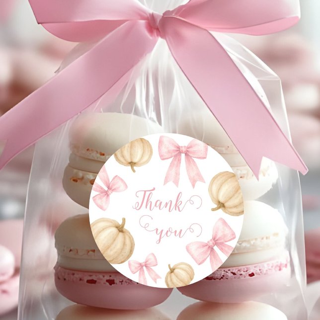 Pink delicate bow Pumpkin Baby Shower Classic Round Sticker (Creator Uploaded)