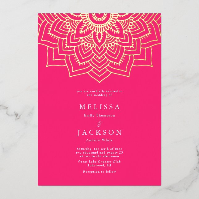 Pink Delicate gold mandala Wedding Foil Invitation (Front)