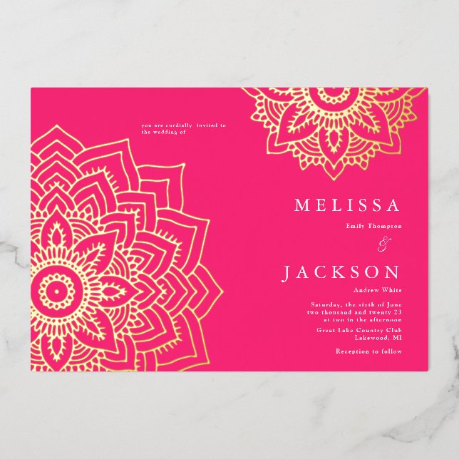 Pink Delicate gold mandala Wedding Foil Invitation (Front)