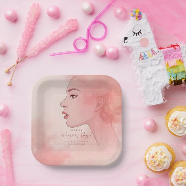 Pink Delicate Minimalist Woman Happy Women's Day Paper Plate (Party)