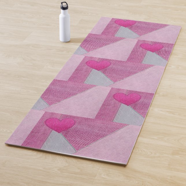 Pink Denim and Gray Patchwork with Heart Yoga Mat (In Situ)