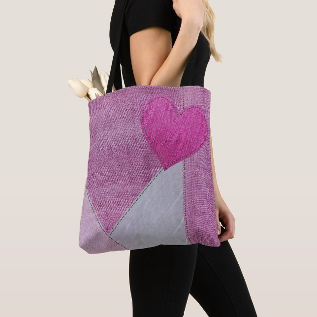 Pink Denim Heart Tote Bag (Close Up)