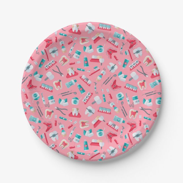 Pink Dental Pattern Paper Plate (Front)