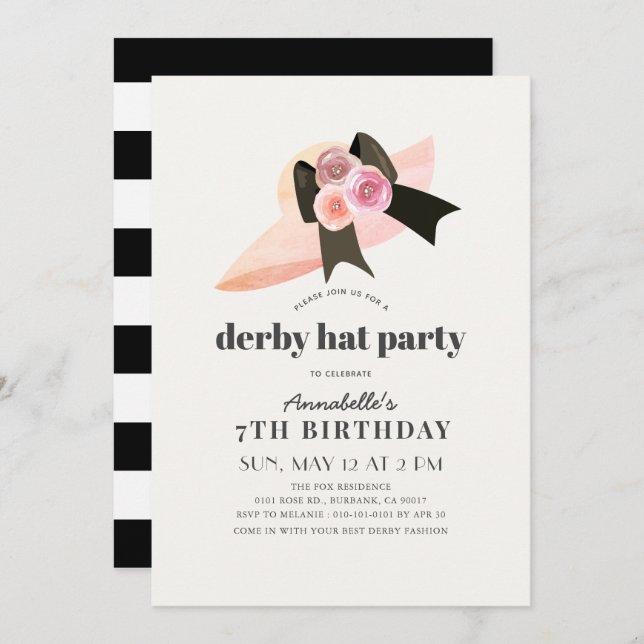 Pink Derby Hat Rose Girl Birthday Party Invitation (Front/Back)