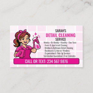 Pink Detail Cleaning QR Cartoon Maid Business Card