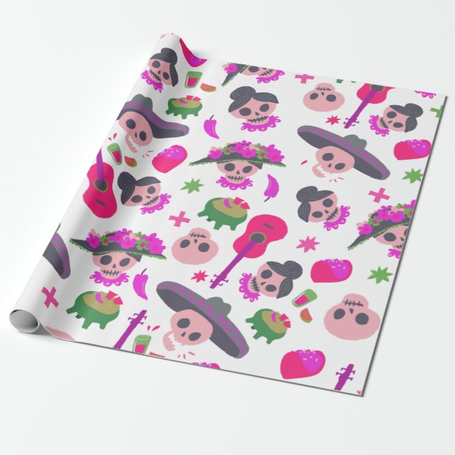Pink Dia De Los Muertos Cute Funny Skulls Pattern  Wrapping Paper (Unrolled)
