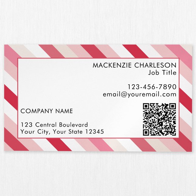 Pink Diagonal Candy Stripe QR Code Magnetic Business Card (Pink diagonal candy stripe pattern custom business card magnet with QR code)
