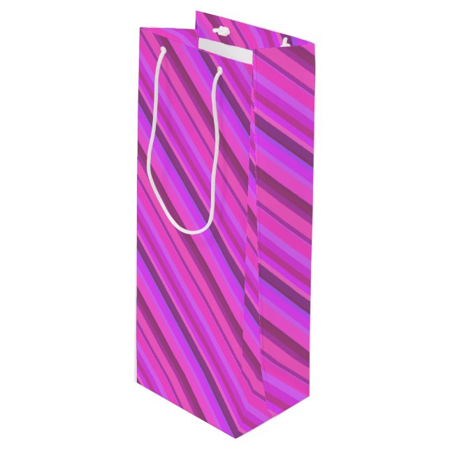 Pink diagonal stripes wine gift bag (Front Angled)