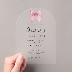 Pink Diamond Bow Girl Baby Shower Arch   Acrylic Invitations