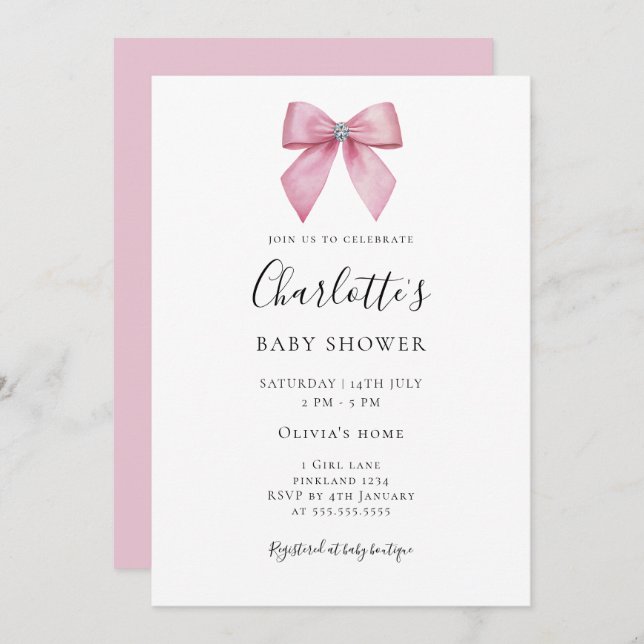 Pink Diamond Bow Girl Baby Shower Invitation (Front/Back)