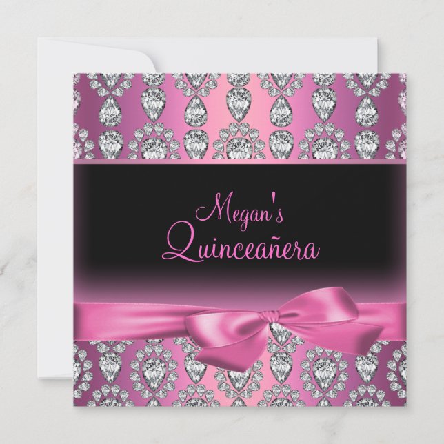 Pink Diamond & Bow Quinceañera Invitation (Front)